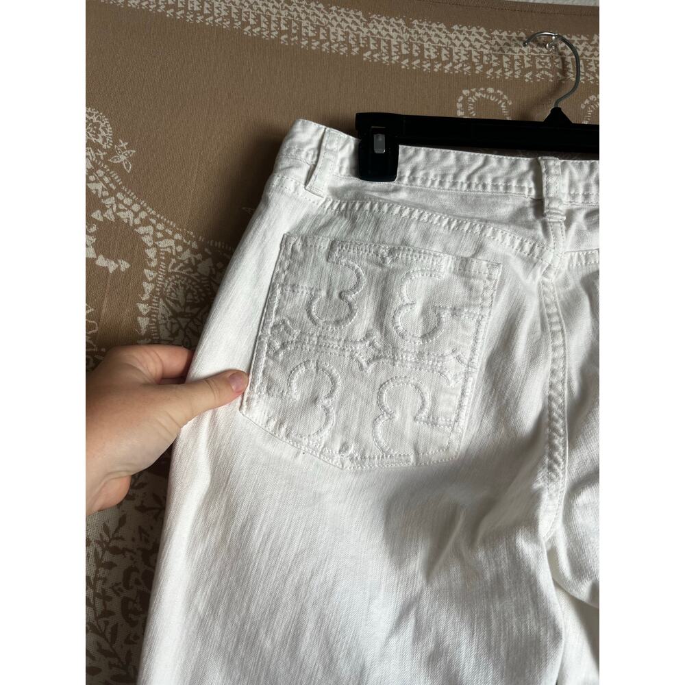 Tory Burch Women's Jeans Size 29 White Stretch Logo Straight Leg Low Rise Ankle - Picture 2 of 8